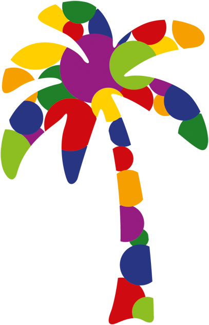 Eine Palme, die aus bunten, ausgefüllten Kreisen aufgebaut ist.